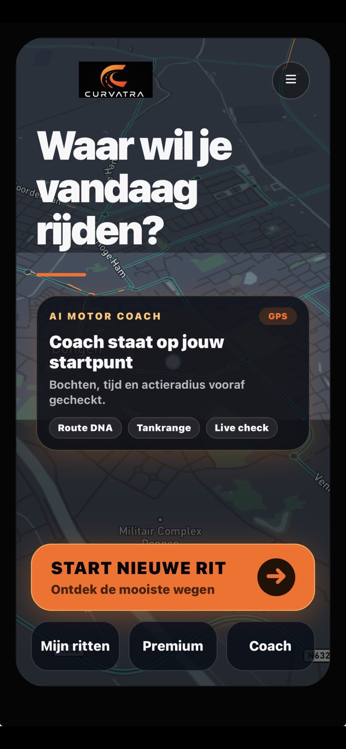 Curvatra routecoach op een donkere kaart